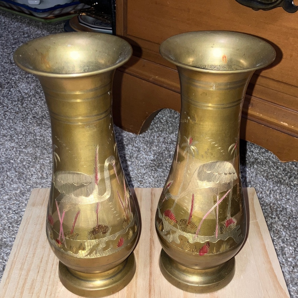 Hand Crafted Gold Brass Etched Crane Design Vases 8” X 3”
